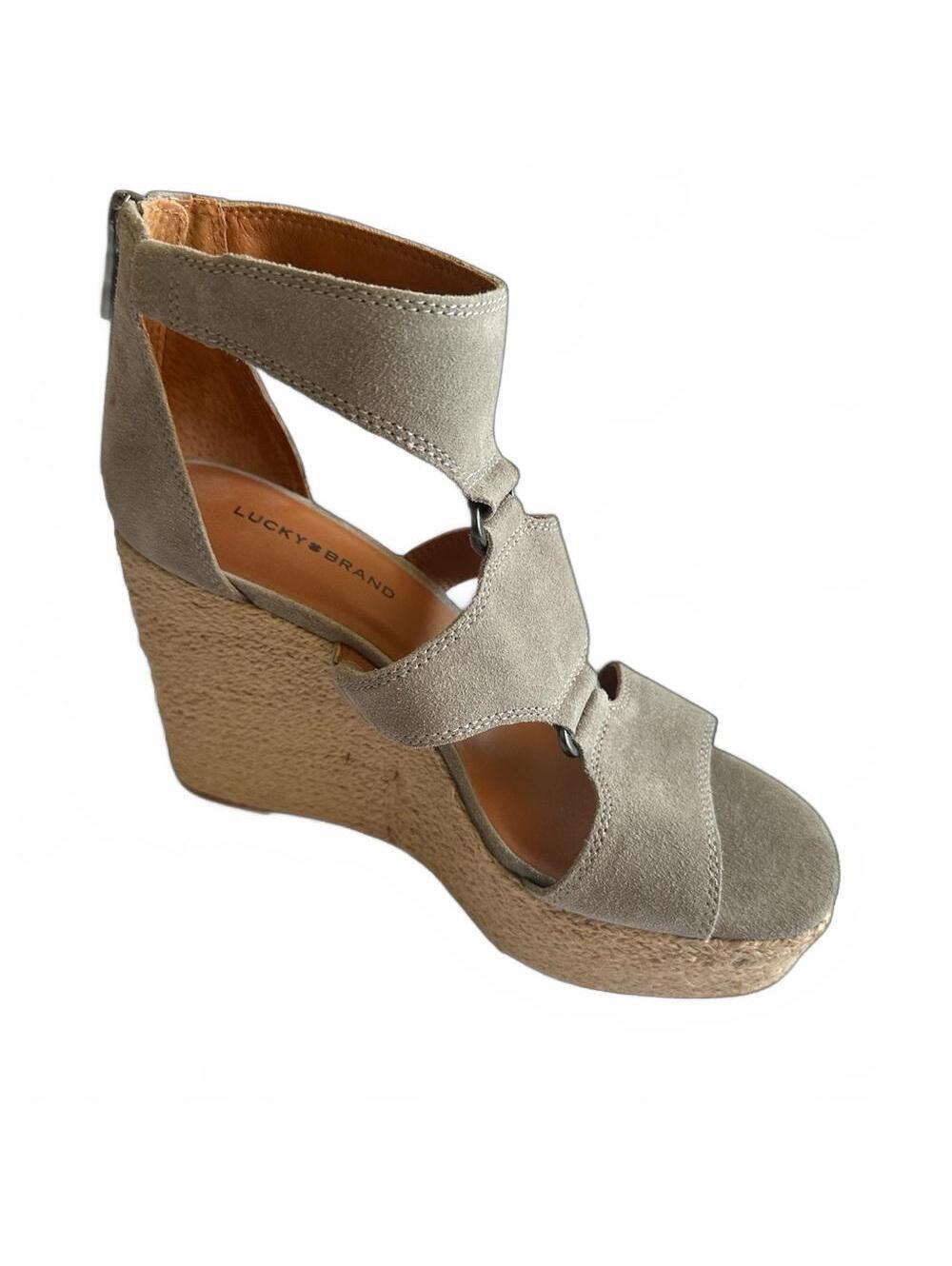 Lucky Brand Tan Suede Wedge Sandals with Espadrille Platform, size 7 1/2
